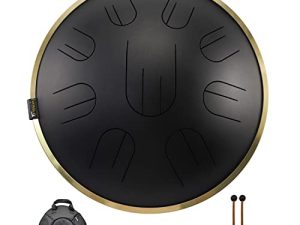 أسطوانة لسان فولاذية من AS TEMAN 14 بوصة 9 نوتات يدوية في D Amara Percussion Instrument-tank drum-Hank drum ، مناسبة للتأمل والترفيه والتعليم الموسيقي واليوغا الشفاء (أسود)
