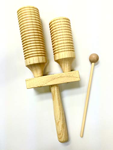 Double Wood Tone Block and Guiro with Mallet - آلة موسيقية إيقاعية عالية ومنخفضة الصوت Double Wood Tone Block and Guiro with Mallet - آلة موسيقية إيقاعية عالية ومنخفضة الصوت