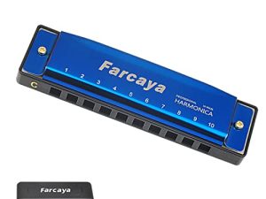فاركايا هارمونيكا للأطفال والمبتدئين والكبار البلوز Harp Diatonic C مفتاح 10 ثقوب 20 نغمة معدنية للفم مع حافظة صلبة وقطعة قماش للتنظيف (أزرق)