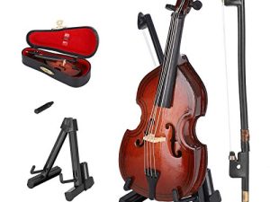 زخارف Schellen Mini Bass ، نموذج آلة موسيقية خشبية مع صندوق تخزين ديكور سطح مكتب مصغر للأطفال البالغين هدايا