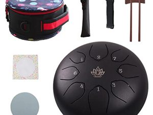Yasisid Steel Tongue Drum 6 بوصة أسطوانة يدوية فولاذية C-Key مع حقيبة ، كتاب موسيقى ، أفخاذ ، حامل مطرقة وقطعة قماش خالية من الغبار للتأمل Zazen Yoga (8 ملاحظات ، أسود)
