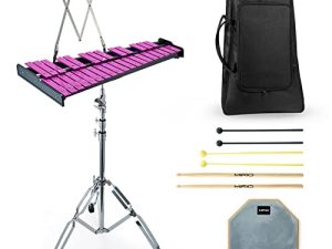 MIRIO Advanced 32 Note Glockenspiel Xylophone Bell Kit للطلاب البالغين ، طقم قرع مع حقيبة حمل ، حامل موسيقى ورقة ، حامل قابل لضبط الارتفاع ، وسادة تدريب 8 بوصة ، أعواد الطبل (أرجواني)