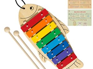 Xylophone من MUSICUBE للأطفال الصغار على شكل سمكة إكسيليفون خشبي مع 2 مطرقة تعليمية وتعلم ما قبل المدرسة ، أداة إيقاعية احترافية لضبط الألعاب الموسيقية للأطفال الذين تتراوح أعمارهم بين 3 سنوات فما فوق