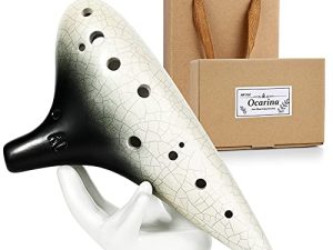 MIFOGE Ocarina 12 ثقب نغمات Alto C مع عرض تغليف الهدايا حامل رقبة وغطاء واقٍ للحبل وغطاء واقٍ لأغنية كتاب تحفة فنية رائعة لأداة الموسيقى للأطفال (أسود وأبيض)
