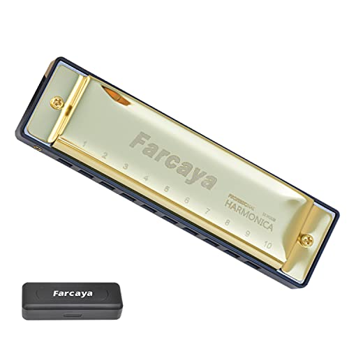 فاركايا هارمونيكا للأطفال والمبتدئين والكبار البلوز Harp Diatonic C مفتاح 10 ثقوب 20 نغمة معدن الفم مع حافظة صلبة وقطعة قماش للتنظيف (ذهبي) فاركايا هارمونيكا للأطفال والمبتدئين والكبار البلوز Harp Diatonic C مفتاح 10 ثقوب 20 نغمة معدن الفم مع حافظة صلبة وقطعة قماش للتنظيف (ذهبي)