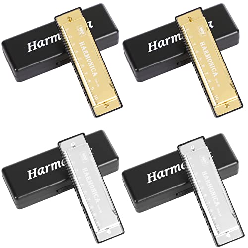 UPINS 4PCS Key of C 10 Hole 10 Tones Titanium Color Harmonica مع جراب للطلاب المبتدئين ذهبي ، فضي UPINS 4PCS Key of C 10 Hole 10 Tones Titanium Color Harmonica مع جراب للطلاب المبتدئين ذهبي ، فضي