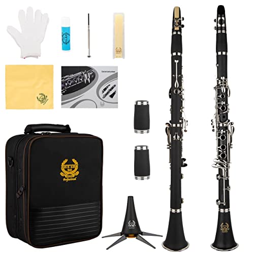 Rhythm Bb Clarinet 17 Nickel Keys Black Bb Clarinet - فرقة آلات النفخ الخشبية والأوركسترا الموسيقية للمبتدئين ، تتضمن كلارينيت ، علبة كلارينيت ، حامل Rhythm Bb Clarinet 17 Nickel Keys Black Bb Clarinet - فرقة آلات النفخ الخشبية والأوركسترا الموسيقية للمبتدئين ، تتضمن كلارينيت ، علبة كلارينيت ، حامل