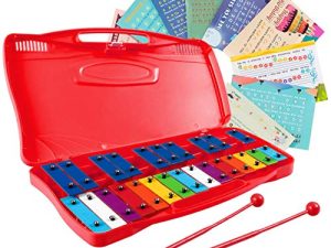 Costzon 25-Note Xylophone w / Case ، لعبة موسيقية ملونة مع مفاتيح معدنية مضبوطة شفافة ، 2 مطرقة آمنة للأطفال ، أداة مضبوطة تمامًا للأطفال ، الأطفال الصغار (مع أوراق الموسيقى ، أحمر)
