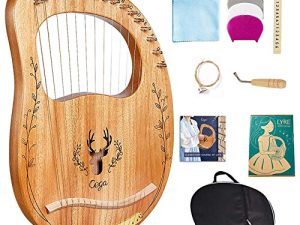 Lyre Harp ، 16 أوتارًا من خشب الماهوجني المصمت من الخشب الصلب ، آلة موسيقية للبالغين / الأطفال ، مع اختيار مفتاح الضبط ، حقيبة الحفلة السوداء ، ودروس الموسيقى لمحبي الآلات المبتدئين (لون الخشب)