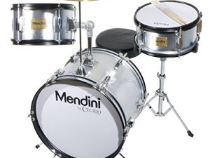 Mendini By Cecilio Drum Set - طقم طبول للأطفال مكون من 3 قطع (16 بوصة) ، يتضمن طبلة باس ، توم ، كمين ، عرش طبل - أدوات موسيقية لعمر 6-12 عامًا ، طقم طبول فضي