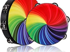 Coloch 2 Pack Wood Radiant Tambourine with Double Row Jingles ، آلة موسيقية عاكسة لطبلة الدف عاكسة باليد للأطفال والكبار ، حفلة ، KTV ، الكنيسة ، عرض الموسيقى ، 8 و 10 بوصات