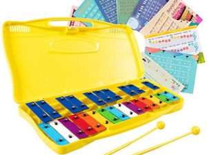 Costzon 25-Note Xylophone w / Case ، لعبة موسيقية ملونة مع مفاتيح معدنية مضبوطة شفافة ، 2 مطرقة آمنة للأطفال ، أداة مضبوطة تمامًا للأطفال ، الأطفال الصغار (مع أوراق الموسيقى ، أصفر)