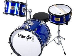 Mendini By Cecilio Drum Set - طقم طبول للأطفال مكون من 3 قطع (16 بوصة) ، يتضمن طبلة باس ، توم ، كمين ، عرش الطبل - أدوات موسيقية لعمر 6-12 عامًا ، طقم طبول أزرق معدني