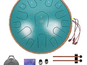 Yasisid Steel Tongue Drum 14 بوصة آلات موسيقية ، آلة قرع طبل يدوي ، مع حقيبة ناعمة ، كتاب موسيقى ، 2 مطرقة ، للتأمل أو اليوغا (15 ملاحظة ، أخضر فاتح)