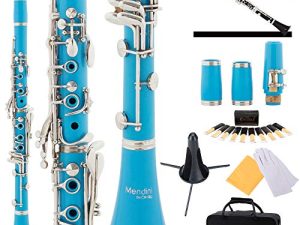 Mendini by Cecilio B Flat Beginner Clarinet with 2 برميل ، حقيبة ، حامل ، كتاب ، 10 قصب ، وقطعة فم - مجموعة كلارينيت Bb Student ، آلات موسيقية للرياح وآلات النفخ الخشبية ، Sky Blue Clarinet