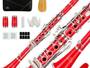 EASTROCK Clarinet Bb Flat 17 Nickel Keys Red Student Clarinet للمبتدئين مع 2 برميل حقيبة صلبة ومجموعة تنظيف الكلارينيت.