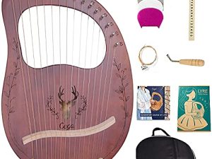 Lyre Harp ، 16 أوتارًا من خشب الماهوجني المصمت من الخشب الصلب ، آلة موسيقية للبالغين / الأطفال ، مع اختيار مفتاح الضبط ، حقيبة الحفلة السوداء ، ودروس الموسيقى لمحبي الآلات المبتدئين (لون القهوة)