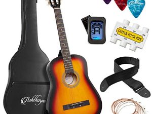 حزمة غيتار صوتي للمبتدئين مقاس 38 بوصة من Ashthorpe (Sunburst) ، مجموعة أدوات أساسية مع حقيبة الحفلة ، سلاسل ، حزام ، موالف ، أنبوب الملعب ، اللقطات