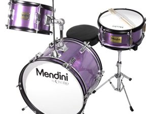 Mendini By Cecilio Drum Set - طقم طبول للأطفال مكون من 3 قطع (16 بوصة) ، يتضمن طبلة باس ، توم ، كمين ، عرش طبل - أدوات موسيقية لعمر 6-12 عامًا ، طقم طبول بنفسجي