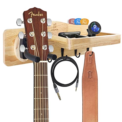 HPGJLEE Natural Solid Wood Guitar Wall Mount-Guitar Hanger with Shelf and Pick Holder-Guitar Holder HPGJLEE Natural Solid Wood Guitar Wall Mount-Guitar Hanger with Shelf and Pick Holder-Guitar Holder