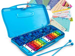 Costzon 25-Note Xylophone w / Case ، لعبة موسيقية ملونة مع مفاتيح معدنية مضبوطة شفافة ، 2 مطرقة آمنة للأطفال ، أداة مضبوطة تمامًا للأطفال ، الأطفال الصغار (مع أوراق الموسيقى ، أزرق)